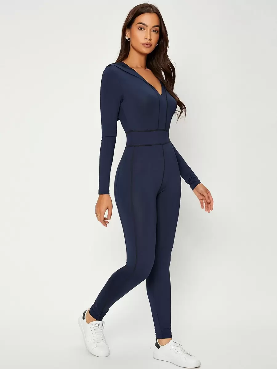 Mulvari Top-stitching Hooded Unitard Jumpsuit - Navy Blue - View 1