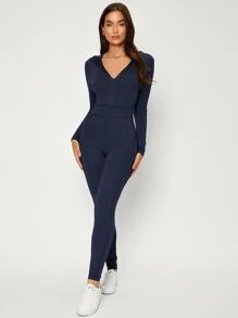Mulvari Top-stitching Hooded Unitard Jumpsuit - Navy Blue - View 3
