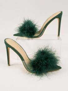 Fancy Pom Pom Pointed Toe Stiletto Heels - Dark Green - View 2