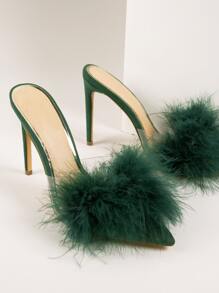 Fancy Pom Pom Pointed Toe Stiletto Heels - Dark Green - View 4
