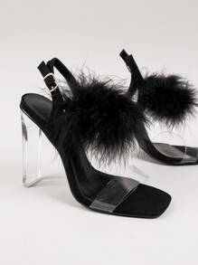 Fluffy Faux Feather Square Toe Clear High Heels - Black - View 2