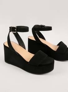 SHUZIA 人造牛巴革露趾踝帶防水台坡跟跟涼鞋 - 黑色 - 查看 4