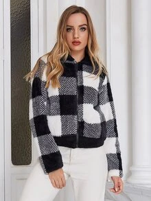 ZIAI Buffalo Plaid Print Fuzzy Coat - Black and White - View 4