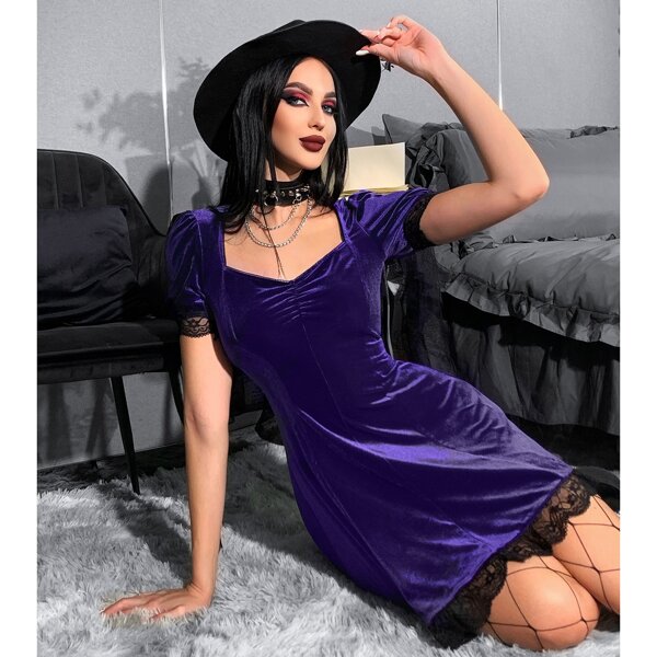 

Sweetheart Neck Puff Sleeve Lace Trim Velvet Dress, Purple
