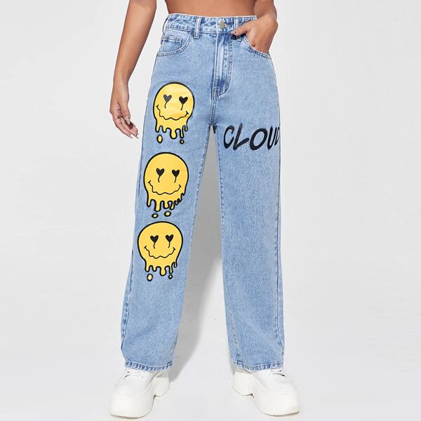 

High Waisted Cartoon & Letter Graphic Jeans, Light grey