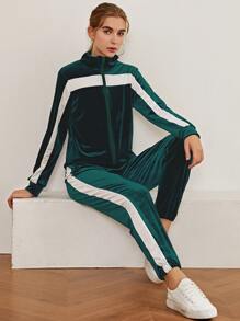 Emerald Green Velvet Tracksuit Set With White Stripe - Dark Green - View 1