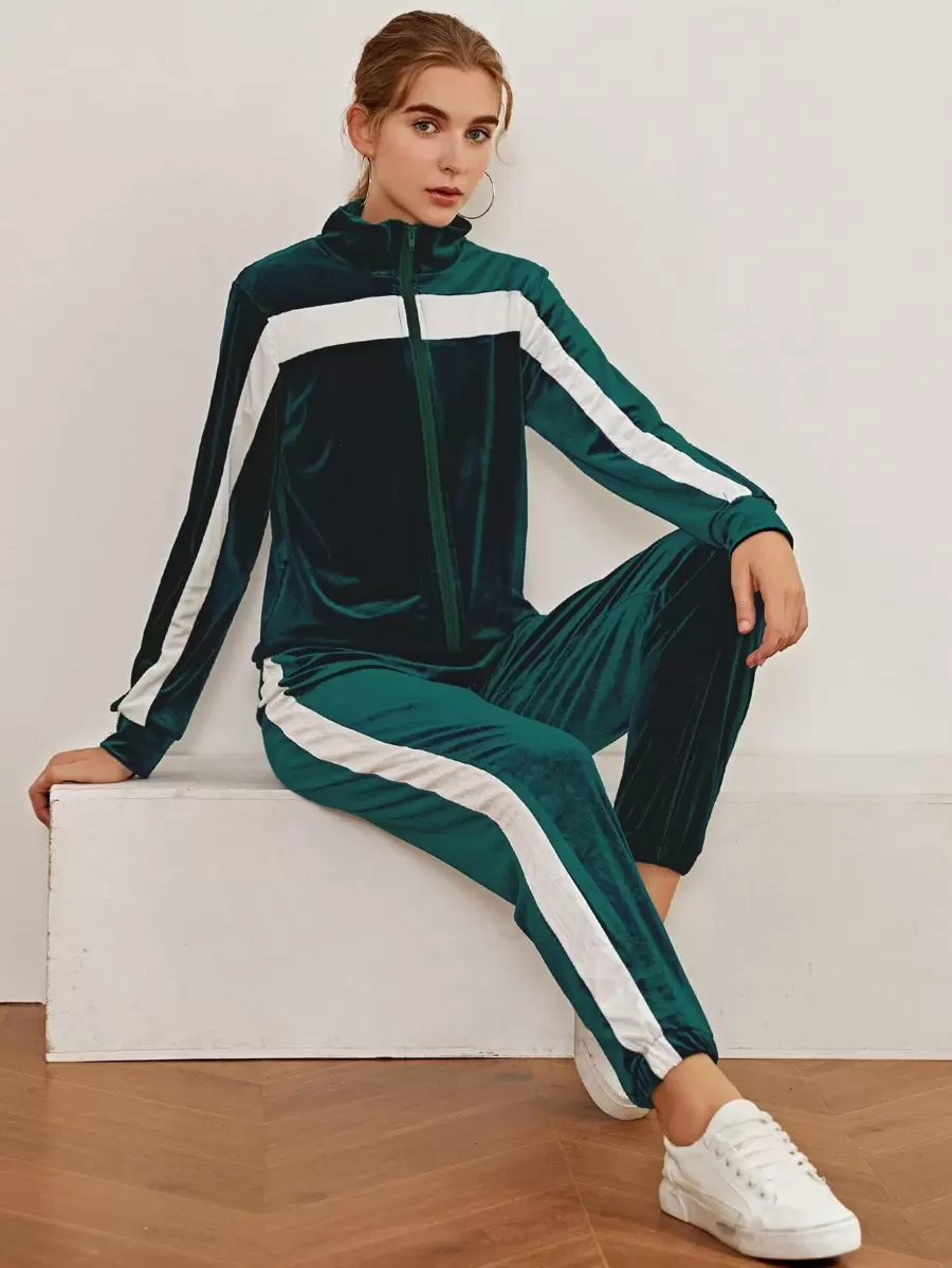 Emerald Green Velvet Tracksuit Set With White Stripe - Dark Green - View 1