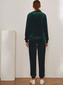 Emerald Green Velvet Tracksuit Set With White Stripe - Dark Green - View 2