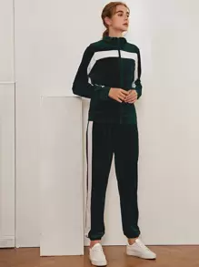 Emerald Green Velvet Tracksuit Set With White Stripe - Dark Green - View 3