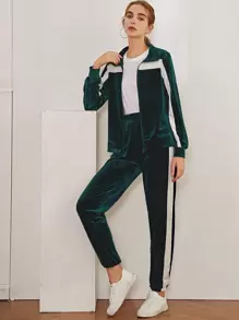 Emerald Green Velvet Tracksuit Set With White Stripe - Dark Green - View 4