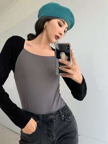 Camiseta delgada en contraste de manga raglán - Gris - Ver 1