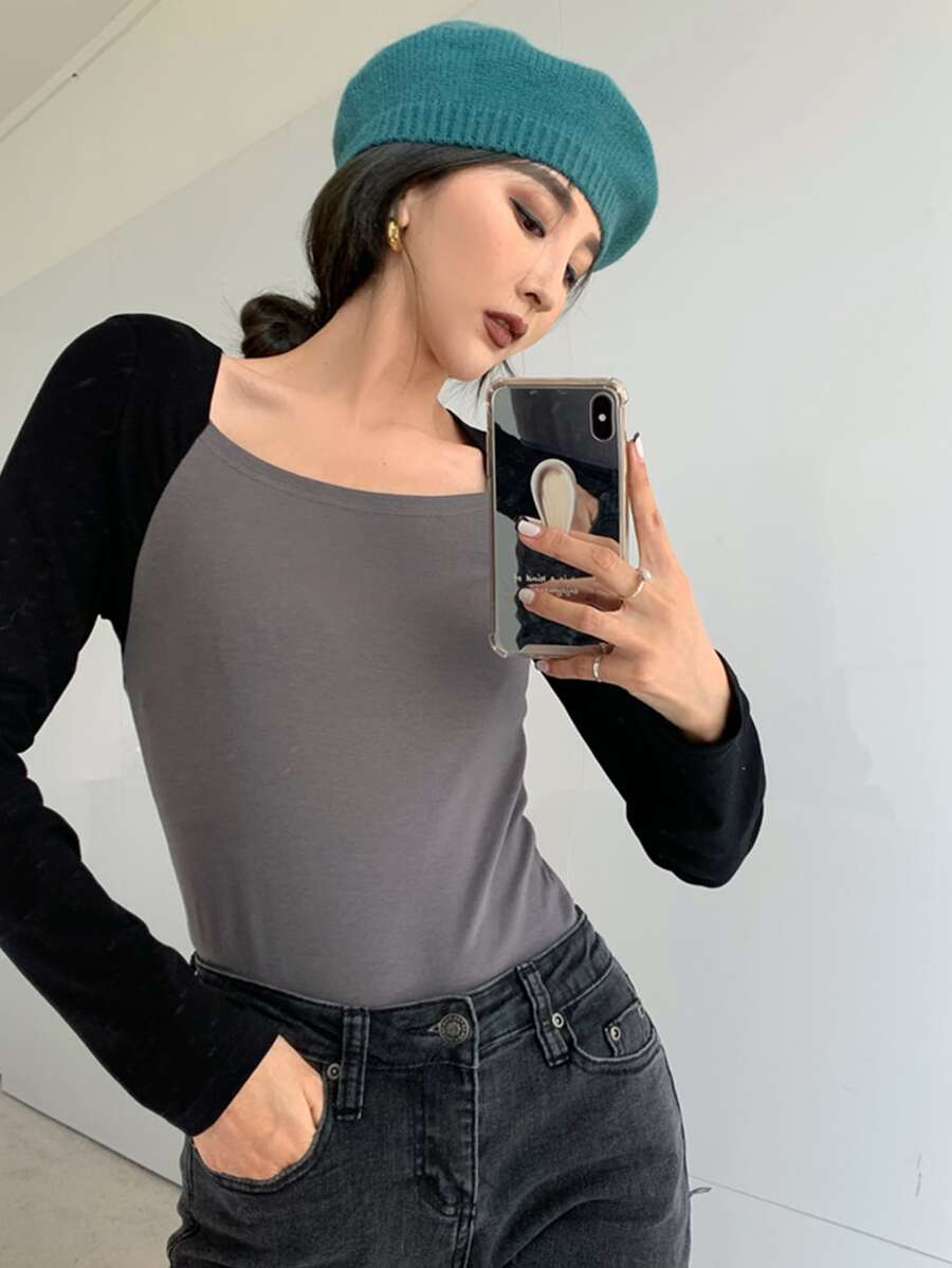 Camiseta delgada en contraste de manga raglán - Gris - Ver 1