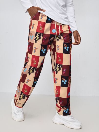 Men Floral Plaid Drawstring Pants
