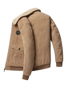 Manfinity Homme 宽松男士字母贴片翻盖口袋灯芯绒夹克 - 駝色 - 查看 2