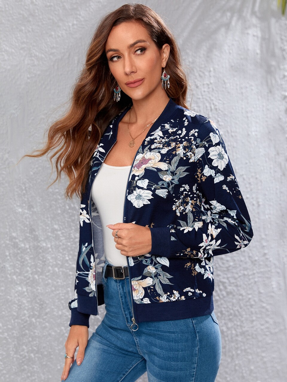 Floral Print Zip Up Bomber Jacket Fall Winter Cloth For Women