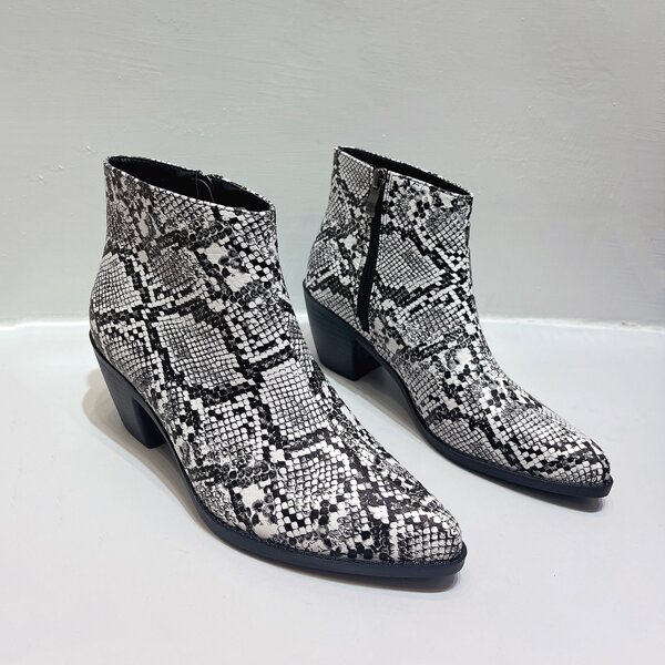 

Snakeskin Print Side Zip Chunky Heeled Boots, White