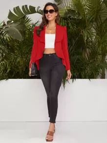 SHEIN Privé Shawl Collar Puff Sleeve Asymmetrical Hem Blazer - Red - View 4
