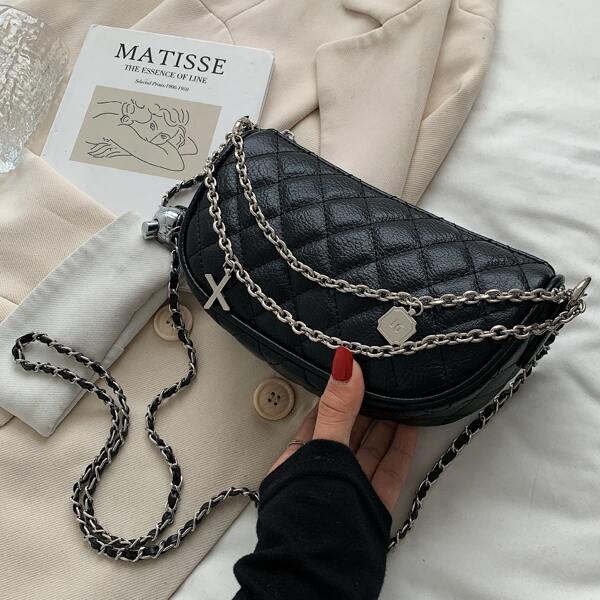 

Quilted Embossed Chain Saddle Bag, Black