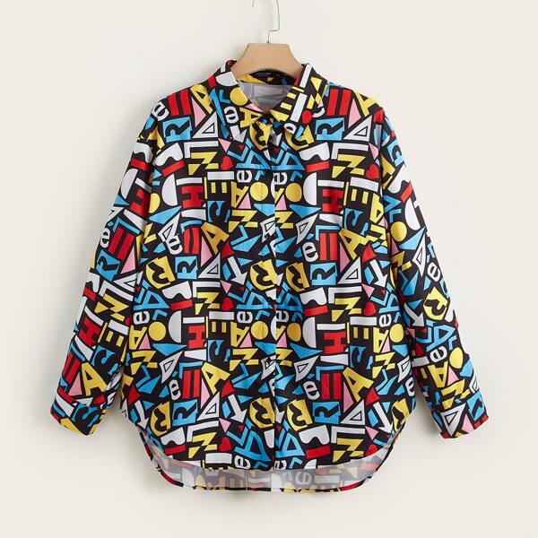 

Plus Allover Print Curved Hem Blouse, Multicolor