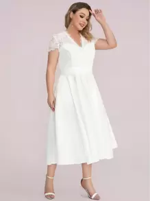 Váy phù dâu dài vừa phải, tay ngắn, ren thanh lịch cho mẹ cô dâu - trắng - Xem 7