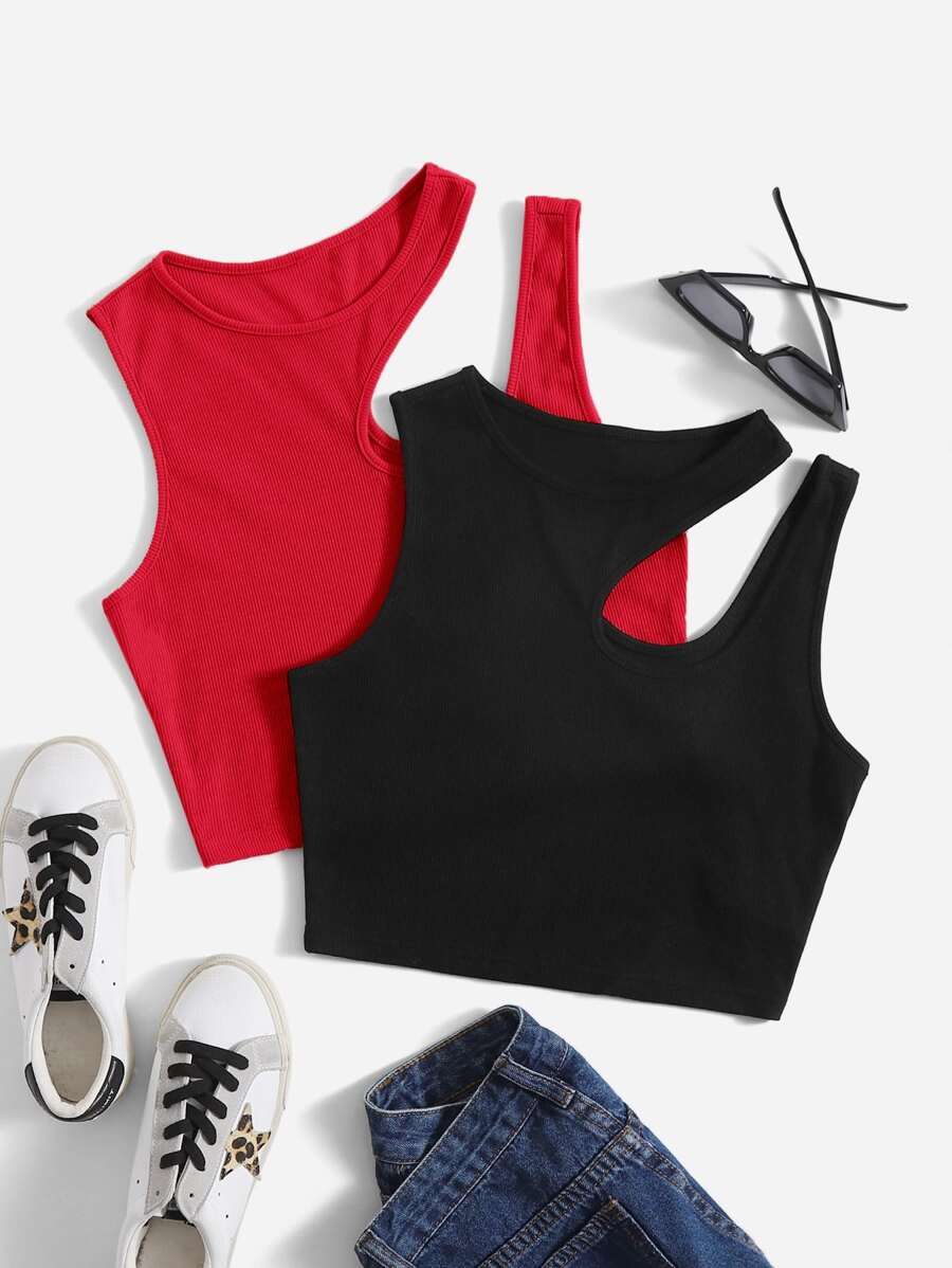 SHEIN EZwear 2pcs Solid Asymmetrical Neck Tank Top