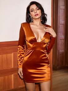 LOVE&LEMONADE 深V領後綁帶緞面洋裝 - 亮橙色 - 查看 6