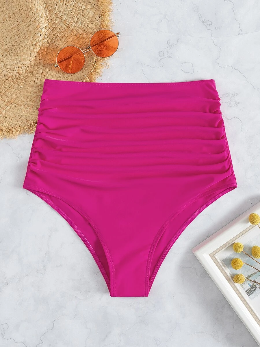 SHEIN Swim Bottom de bikini fruncido de talle alto - Rosa Fucsia - Ver 1