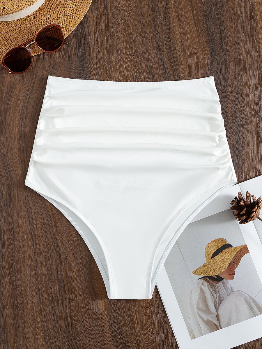 Ruched High Waisted Bikini Bottom, For Summer Beach Vacation - White - View 1