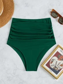 Ruched High Waisted Bikini Bottom, For Summer Beach Vacation - Dark Green - View 1