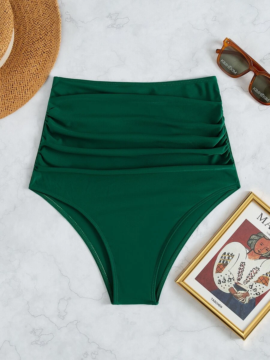 Ruched High Waisted Bikini Bottom, For Summer Beach Vacation - Dark Green - View 1