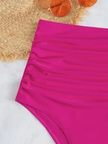 SHEIN Swim Bottom de bikini fruncido de talle alto - Rosa Fucsia - Ver 5