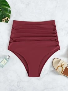 Ruched High Waisted Bikini Bottom, For Summer Beach Vacation - Rose Red - View 1