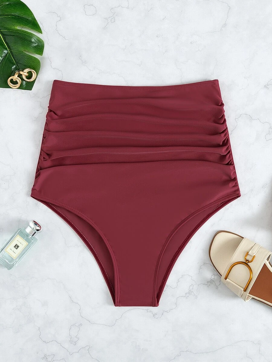 Ruched High Waisted Bikini Bottom, For Summer Beach Vacation - Rose Red - View 1
