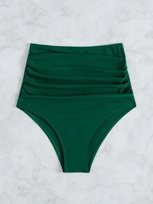 Ruched High Waisted Bikini Bottom, For Summer Beach Vacation - Dark Green - View 4