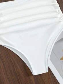 Ruched High Waisted Bikini Bottom, For Summer Beach Vacation - White - View 4