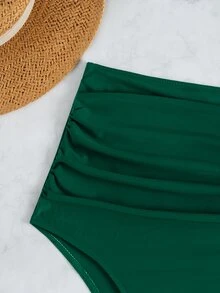 Ruched High Waisted Bikini Bottom, For Summer Beach Vacation - Dark Green - View 5