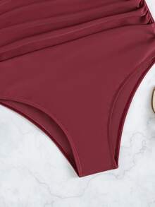 Ruched High Waisted Bikini Bottom, For Summer Beach Vacation - Rose Red - View 3