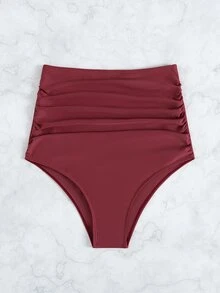 Ruched High Waisted Bikini Bottom, For Summer Beach Vacation - Rose Red - View 5