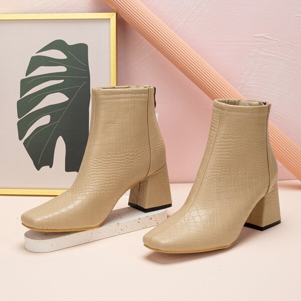 

Crocodile Embossed Chunky Back Zipper Classic Boots, Apricot