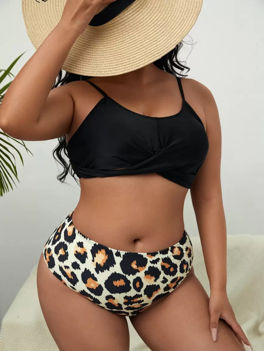 Plus Size Leopard Twist Bikini Set Summer Beach - Multicolor - View 1