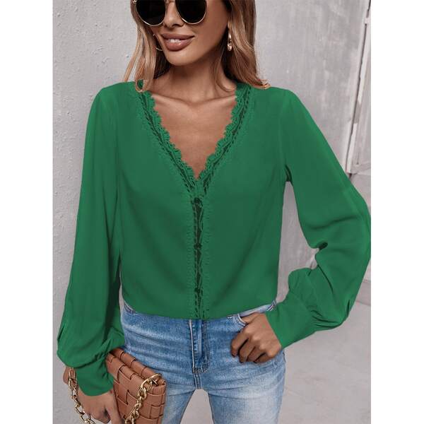 

Guipure Lace Trim Lantern Sleeve Blouse, Green