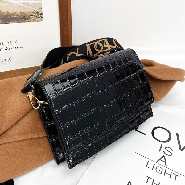 

Crocodile Embossed Flap Guitar Strap Square Bag, Black