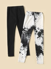 SHEIN Conjunto de 2 piezas de leggings informales para niña preadolescente con estampado de salpicaduras de tinta - Blanco y Negro - Ver 2