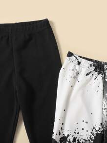 SHEIN Conjunto de 2 piezas de leggings informales para niña preadolescente con estampado de salpicaduras de tinta - Blanco y Negro - Ver 4