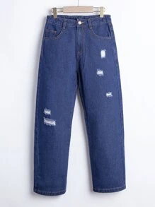 Girls Ripped Frayed Straight Leg Jeans - Dark Wash - View 1