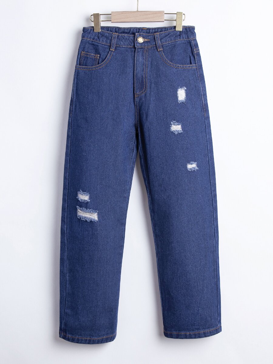 Girls Ripped Frayed Straight Leg Jeans - Dark Wash - View 1