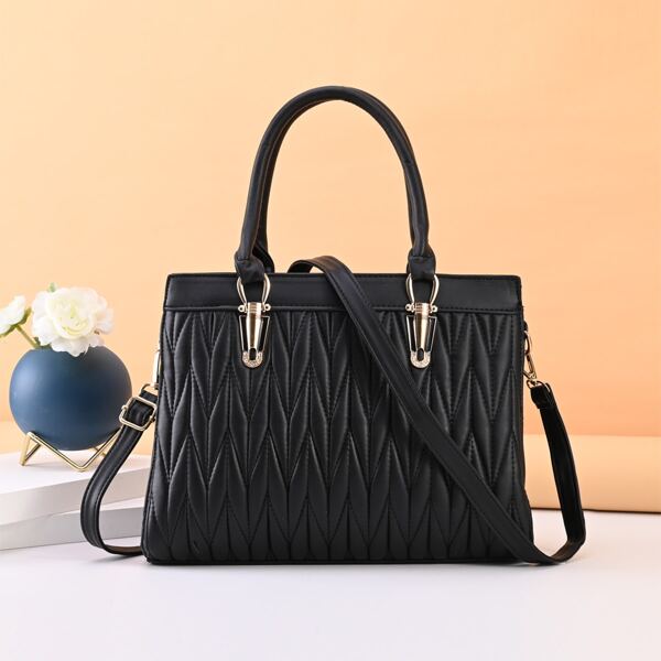 

Minimalist Textured Shoulder Tote Bag, Black