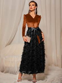 Modelyn Velvet Belted Fuzzy A-line Dress - Multicolor - View 1