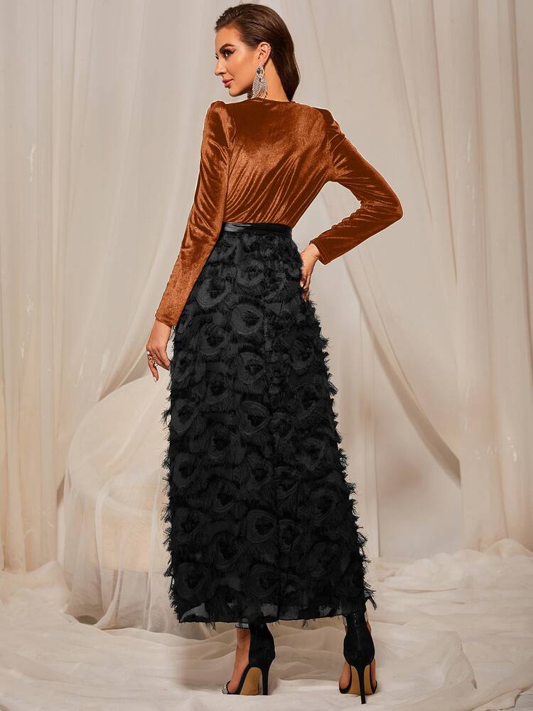 Modelyn Velvet Belted Fuzzy A-line Dress - Multicolor - View 2