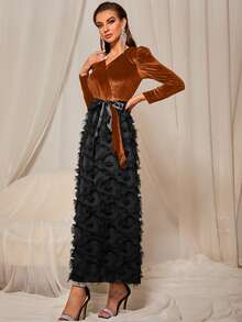 Modelyn Velvet Belted Fuzzy A-line Dress - Multicolor - View 3